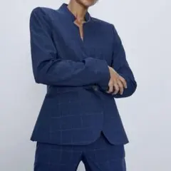 美品 ZARA セットアップ スーツ 紺 チェック ジャケット パンツ M L