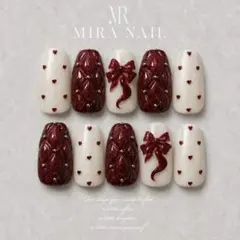 【No.84】ボルドー リボン キルティング ハート ネイルチップ ワンホンのサムネイル