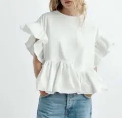 ZARA　フリルトリムコントラストシャツ　ペプラムのサムネイル
