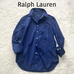ラルフローレンギンガムチェック総柄　長袖ポロシャツ ブルー　ボタンダウンシャツ