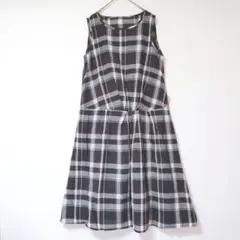 ノースリーブ ワンピース (M) グレー系 チェック 総柄 フレア ナチュラル