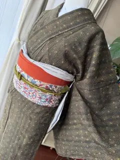 正絹 紬小紋 カーキブラウン 単品のサムネイル