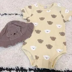 プティマイン クマ柄ロンパースと帽子セット