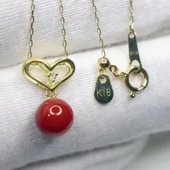 K18 ゴールド ハート型 赤珊瑚　ダイヤモンドネックレス 45cmアクセサリー