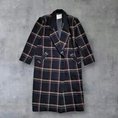 【日本製】90s ヴィンテージ ウール ロングコート ダブル チェック柄 紺