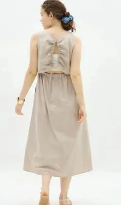 GU リネンブレンドバックオープンワンピース☆ベージュXL