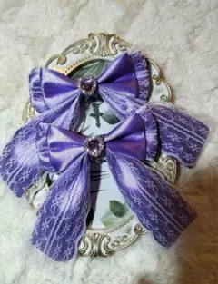 リボンヘアクリップ*量産型*地雷系*紫*ロリータ*白レース*ハート*十字架