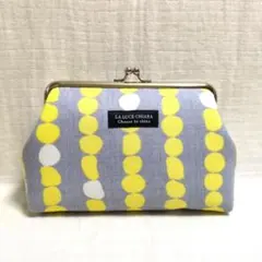 がま口ポーチ　メイクポーチ　ハンドメイド　つながる水玉　グレー＆イエロー