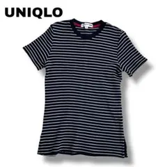 【ユニクロ】Mサイズ　半袖ボーダー　コットンニット　リブニット　美品　ネイビー