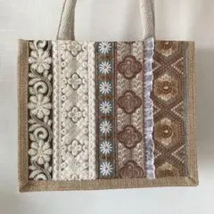 ジュートバッグ ꕥ インド綿 ブロックプリント ハンドメイド 刺繍