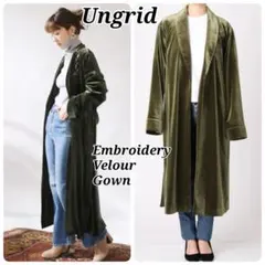 希少カラー【未使用タグ付】Ungrid ベルト付刺繍ロングガウン ベロア カーキ
