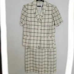 ハンドメイド　半袖スーツ　アイボリー×ブラック　チェック柄