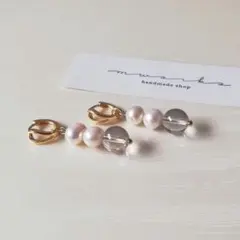 No.378　天然石クリスタルと淡水パール*しずくフープ∴ピアス(ゴールド)