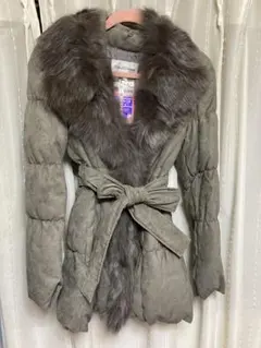 【美品】ベージュ ダウン　フォックスファー　コート　グレー　グレージュ　ピンキー
