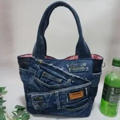 リメイクデニム　サイドポケット付きトートバッグ　小さめ