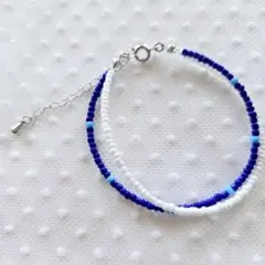 ブルベ■2連ビーズブレスレット ブルー ホワイト シルバー ハンドメイド