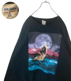 グッドデザイン古着オオカミ×月ビッグプリント ブラックスウェットXLビッグサイズ