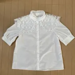 襟レース　半袖ブラウス　L