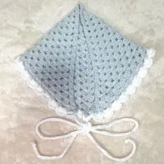 かぎ針編み୨୧ハンドメイド　韓国風フリル付きバブーシュカ　水色×ホワイト