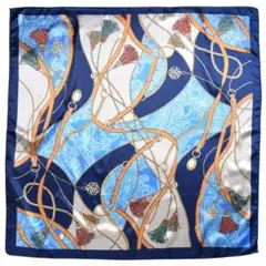 訳あり品 大判 正方形 スカーフ シルク調 レディース ネイビー