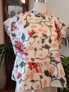 【着物リメイク】トップス、ブラウス、銘仙、シルク、フレンチスリーブ、L