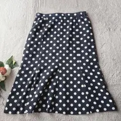 美品(L)ロングスカート/フレア/ドット/とろみ/ミディ丈/ネイビー