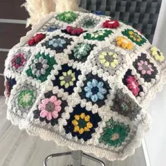 グラニースクエア ブランケット レトロポップカラー ぷっくりお花 マルチカバー