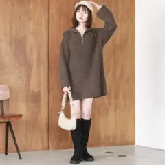 archives ハーフジップニット ミニワンピース ブラウン