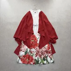 【カヤ】花々羽織付きワンピース 牡丹 菊 花柄 着物風 和装 キナリ