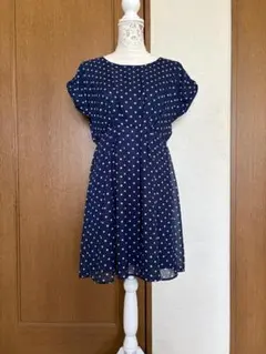 サイズL【GLACIER】ネイビー ドット柄 半袖 ひざ丈ワンピース