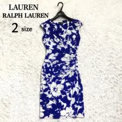極美品✨ローレンラルフローレン 洗える花柄ワンピース ストレッチ生地 青×白 M