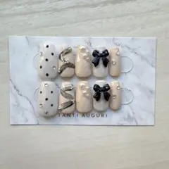 【 現品 】ネイルチップ｜ニュアンス｜ドットネイル｜リボン｜大人ガーリー