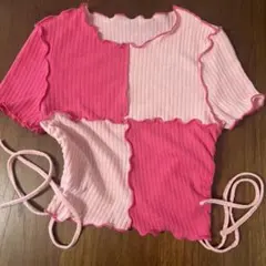 ピンクリブフリルクロップドTシャツ
