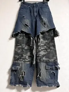 リメイクデニムパンツ レイヤード 迷彩柄 ダメージデニム