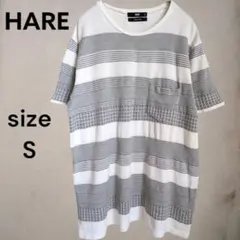 ハレ Tシャツ サマーニット メンズS 半袖 グレー ボーダ―柄 綿100%のサムネイル