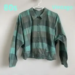80s Vintage チェック柄 長袖シャツ ブラウス グリーン