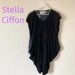 ステラシフォン　ノースリーブ　ブラウス　カットソー　シャーリング　総柄　ブラックのサムネイル