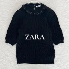 美品　ZARA ケーブルニットセーター　ビーズアップリケ　ブラック　Mサイズ