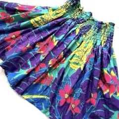 【美品】フラダンス パウスカート 総丈約63cm 4本ゴム 緑紫