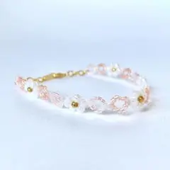 【B-003】ビーズブレスレット　ピンクホワイト　1点