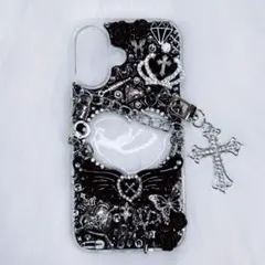iPhone16ケース デコ電 デコケース 黒 地雷系 ゴスロリ パンク ギャル