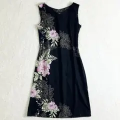 MAJUN マジュン　ノースリーブ　膝丈 ワンピース　花柄　S ブラック　日本製のサムネイル