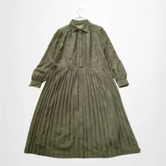 東京スタイル ロングプリーツシャツワンピース レトロクラシカル 肩パット カーキ