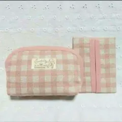 ハンドメイド、チェック柄の中ポーチ、ピンク色、ポケットティッシュケース付き