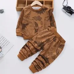 新品未使用☆恐竜プリント長袖上下セット/スウェット(ブラウン) 110cm