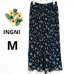 a3980 INGNI イング　プリーツ　フレア　ロングスカート　黒　花柄　M