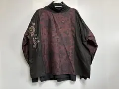 古布着物リメイク　長袖プルオーバーブラウス　袖口ゴム取外し可　アンティーク大島紬