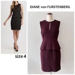 美品　DVF 総レースペプラムワンピース　ボルドー　ノースリーブ　サイズ4
