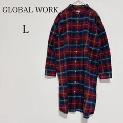 グローバルワーク チェック柄長袖シャツワンピース 膝丈 コットン100％【L】