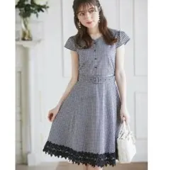【新品タグ付】トッコクローゼット裾レース付ギンガムチェックワンピース M 紺